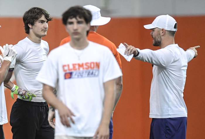 2025 four-star TE & Gamecock target Marshall Pritchett receiving instruction from Clemson OC Garrett Riley